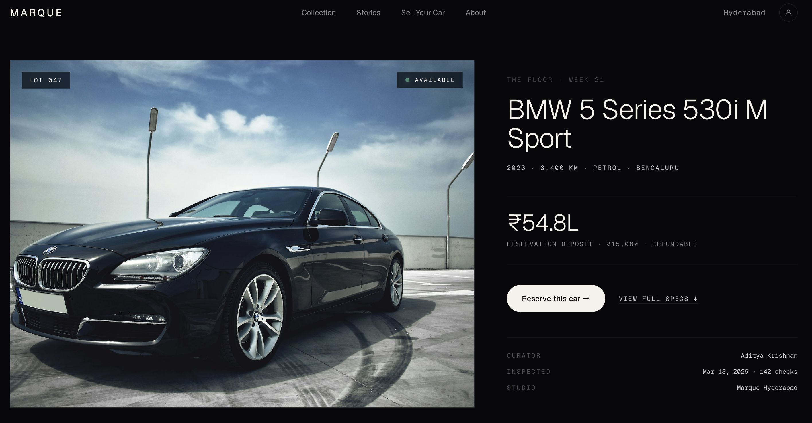 Marque product page — BMW 5 Series 530i M Sport with hero photo and reservation