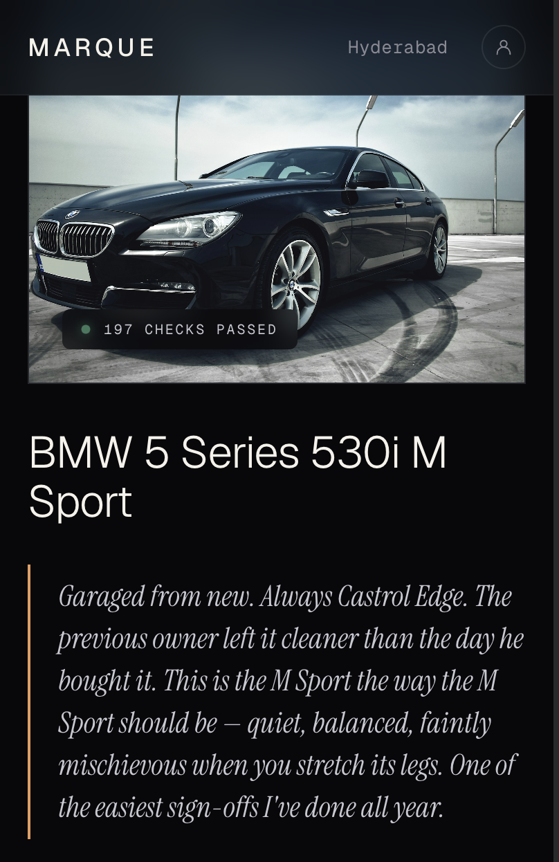 Marque mobile product view — BMW 530i with curator letter