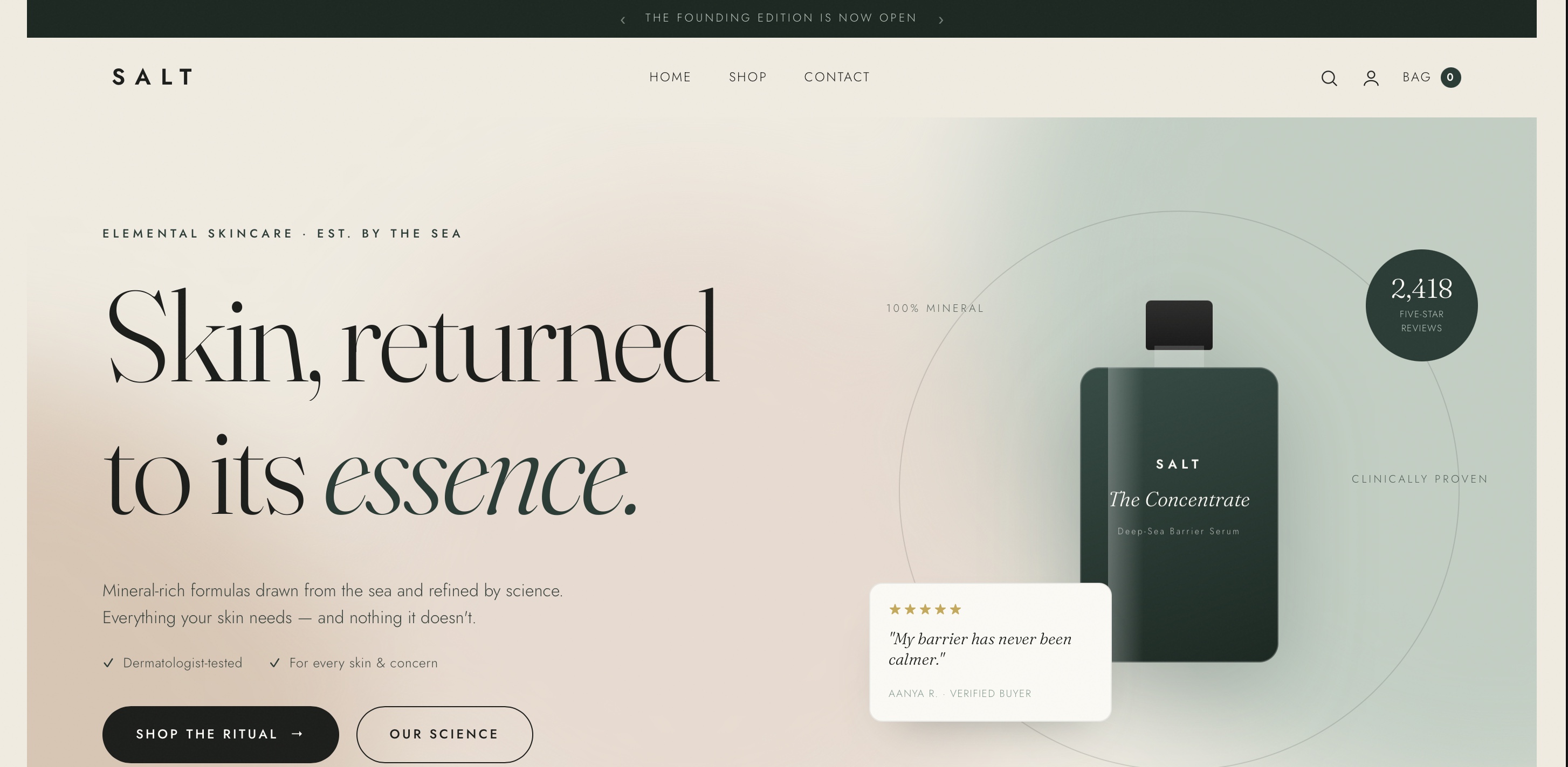 SALT Cosmetics homepage — elemental skincare, CSS-drawn bottles, mineral palette