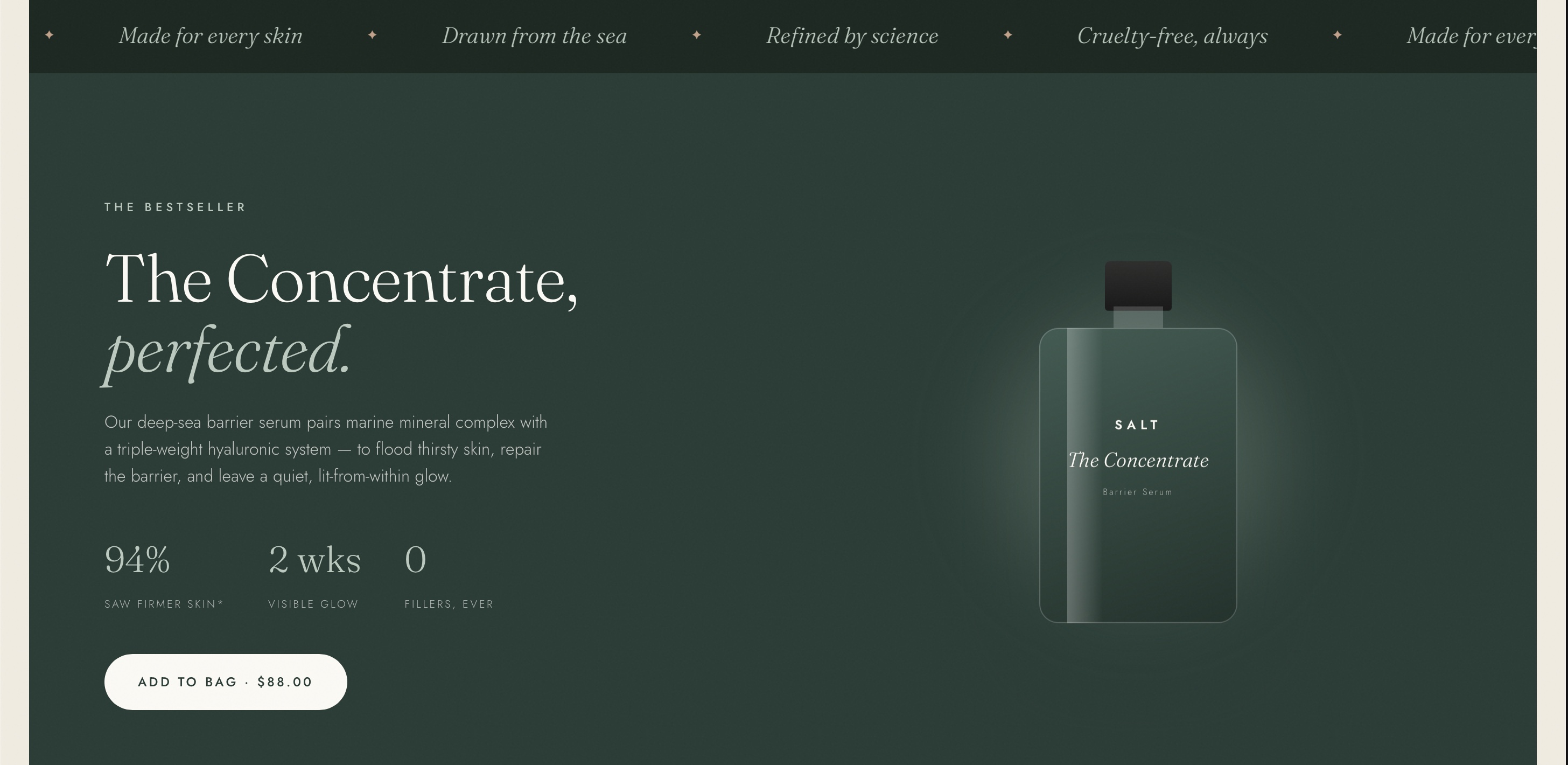 SALT Cosmetics product page — The Concentrate barrier serum with CSS-drawn bottle
